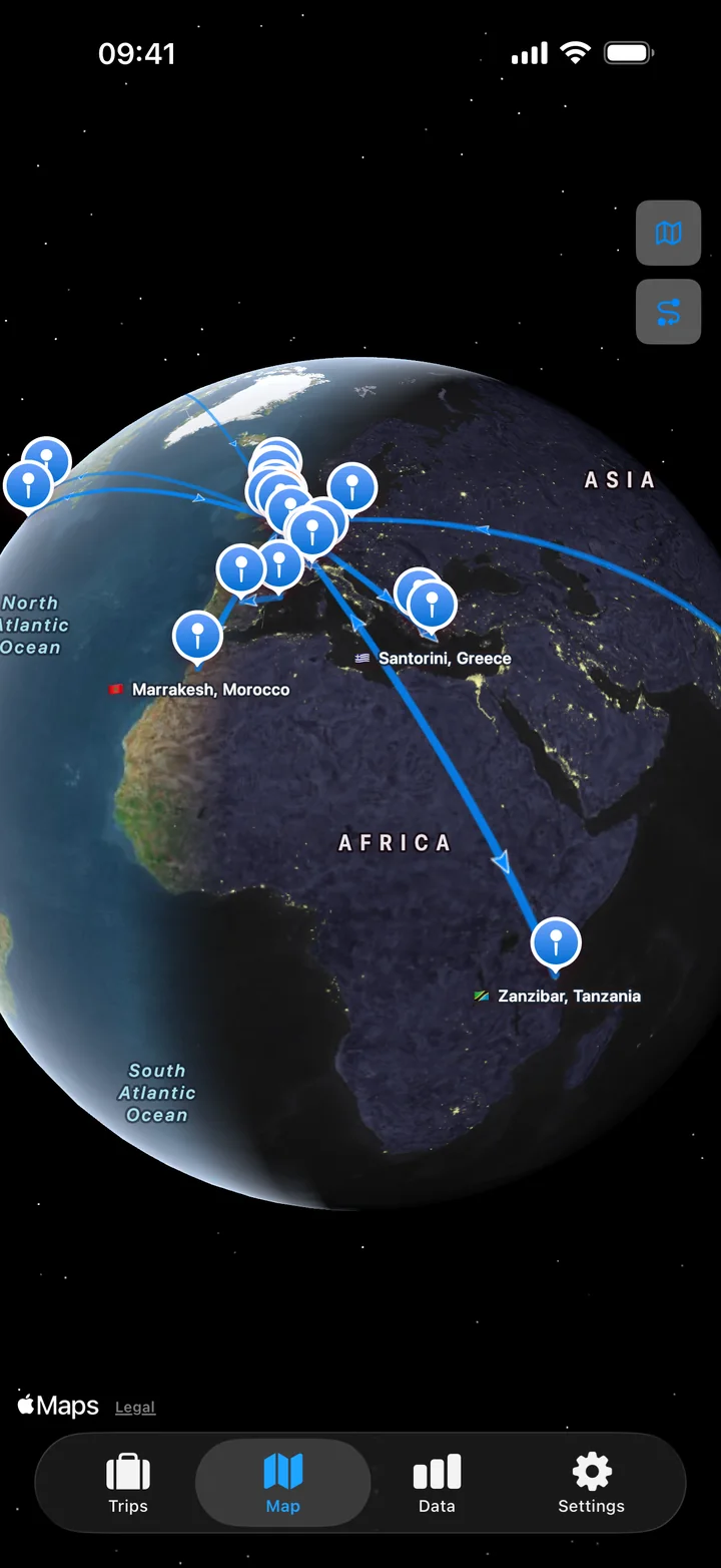 TravelJotter's globe view with routes from London
