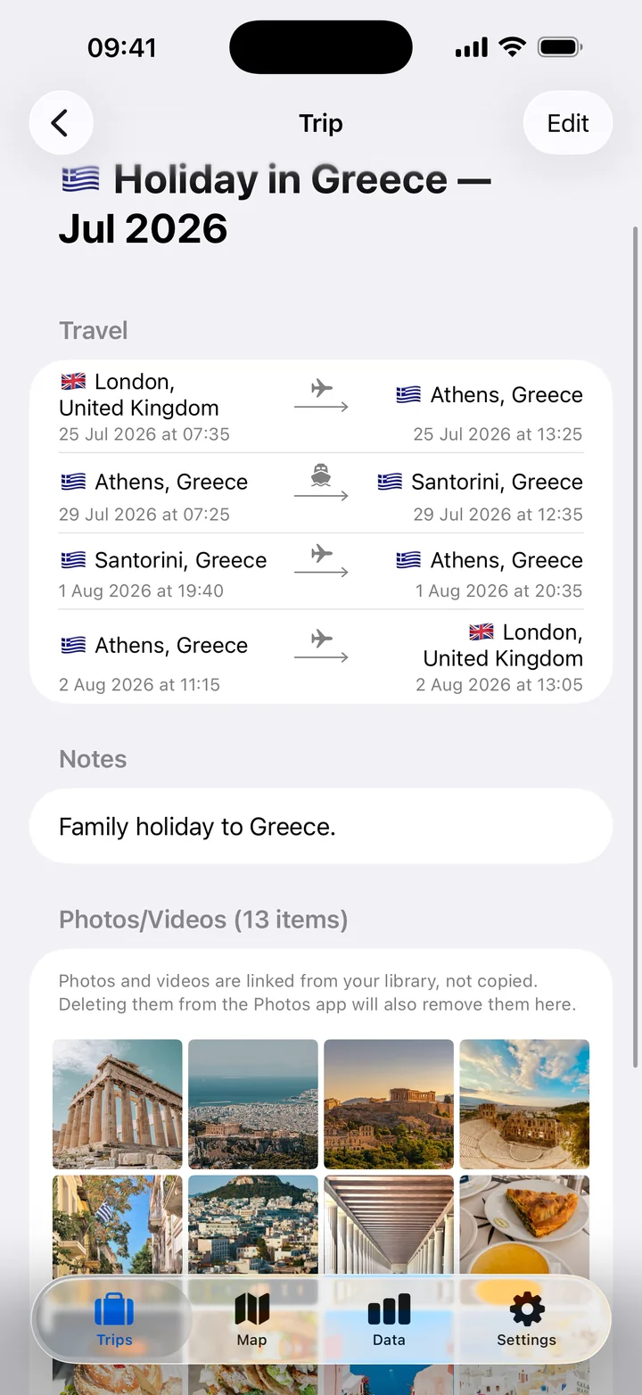 A trip to Greece in TravelJotter, with flights, a ferry and photos